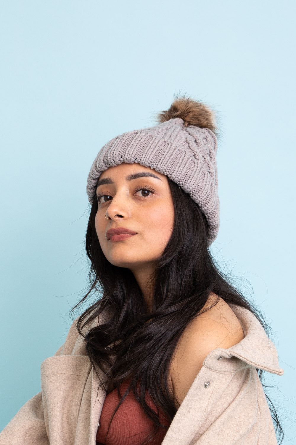 Cable Knit Beanie with Faux Fur Pom Beanies Leto Collection   