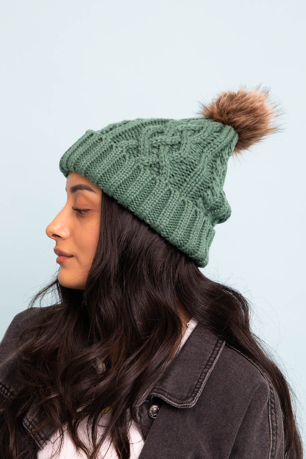 Cable Knit Beanie with Faux Fur Pom Beanies Leto Collection   