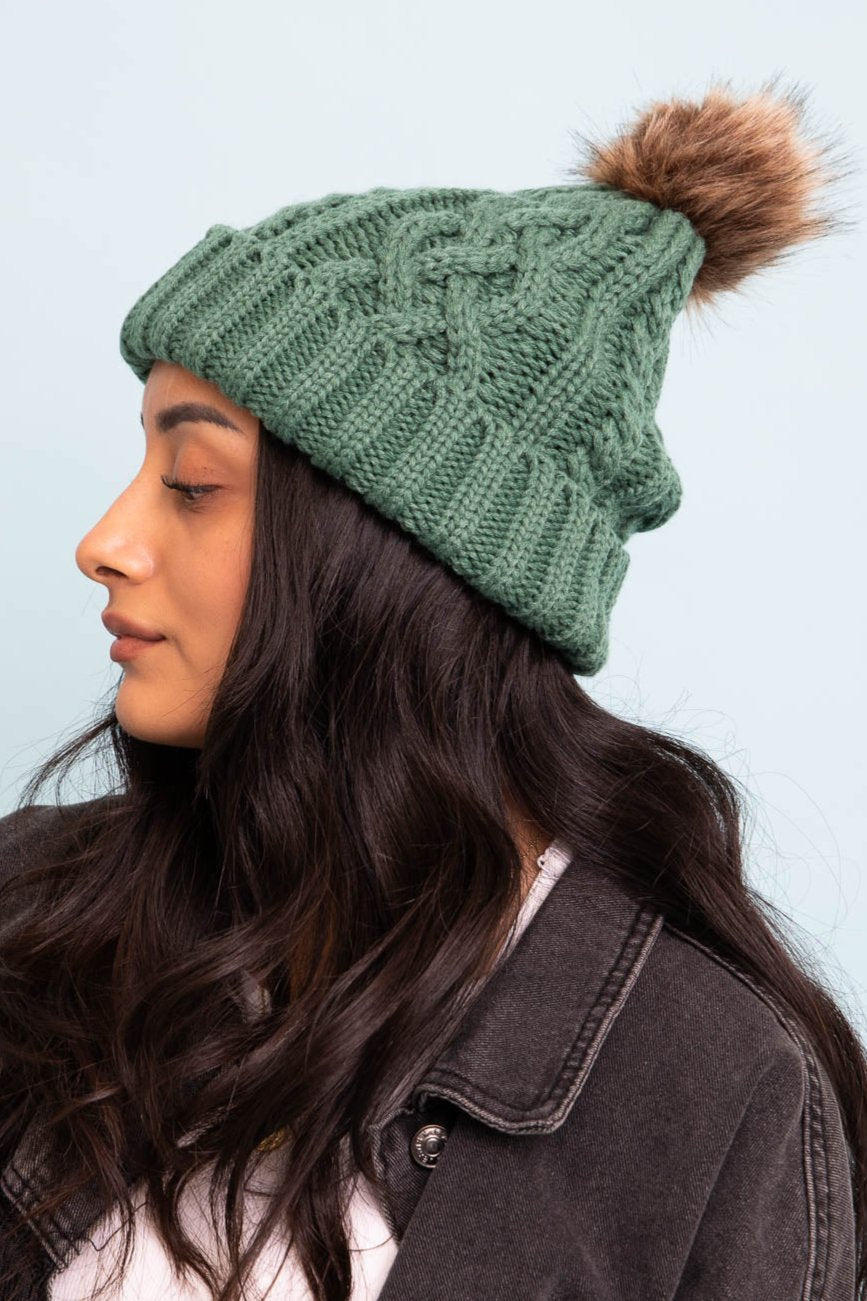 Cable Knit Beanie with Faux Fur Pom - NeoKira Unlimited
