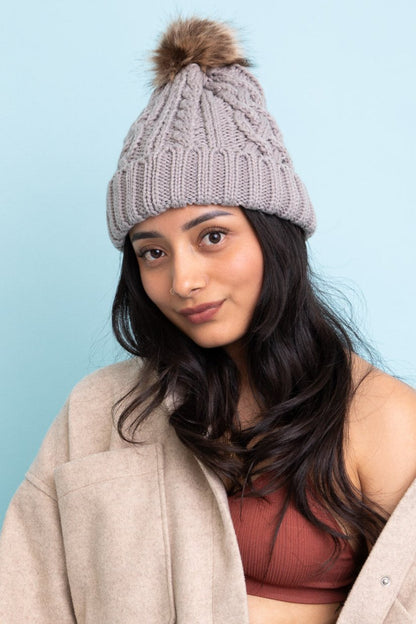 Cable Knit Beanie with Faux Fur Pom Beanies Leto Collection Gray  