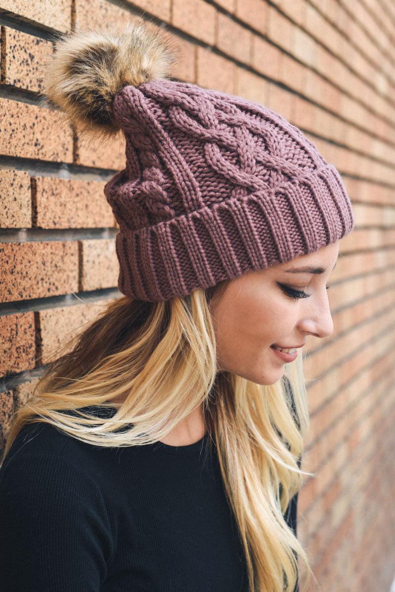 Cable Knit Beanie with Faux Fur Pom - NeoKira Unlimited