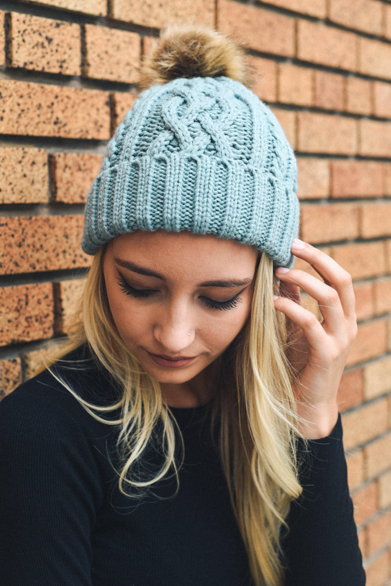 Cable Knit Beanie with Faux Fur Pom Beanies Leto Collection Mint  