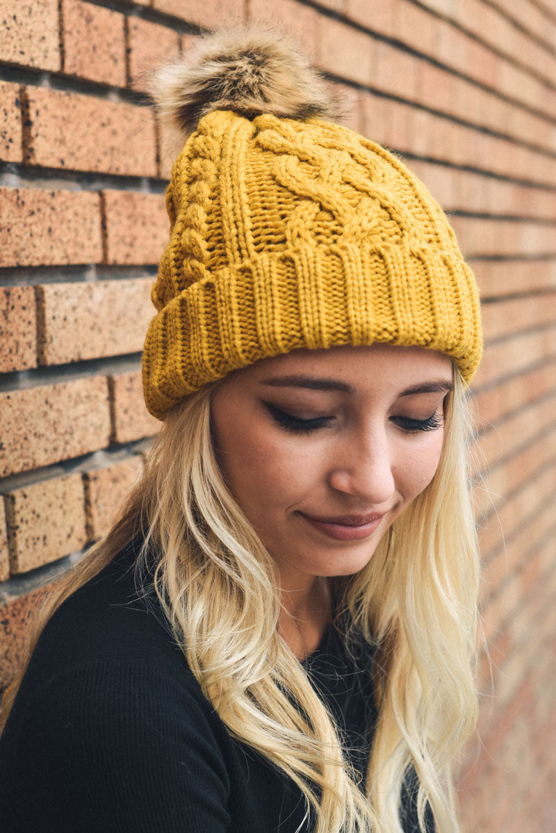 Cable Knit Beanie with Faux Fur Pom Beanies Leto Collection Mustard  