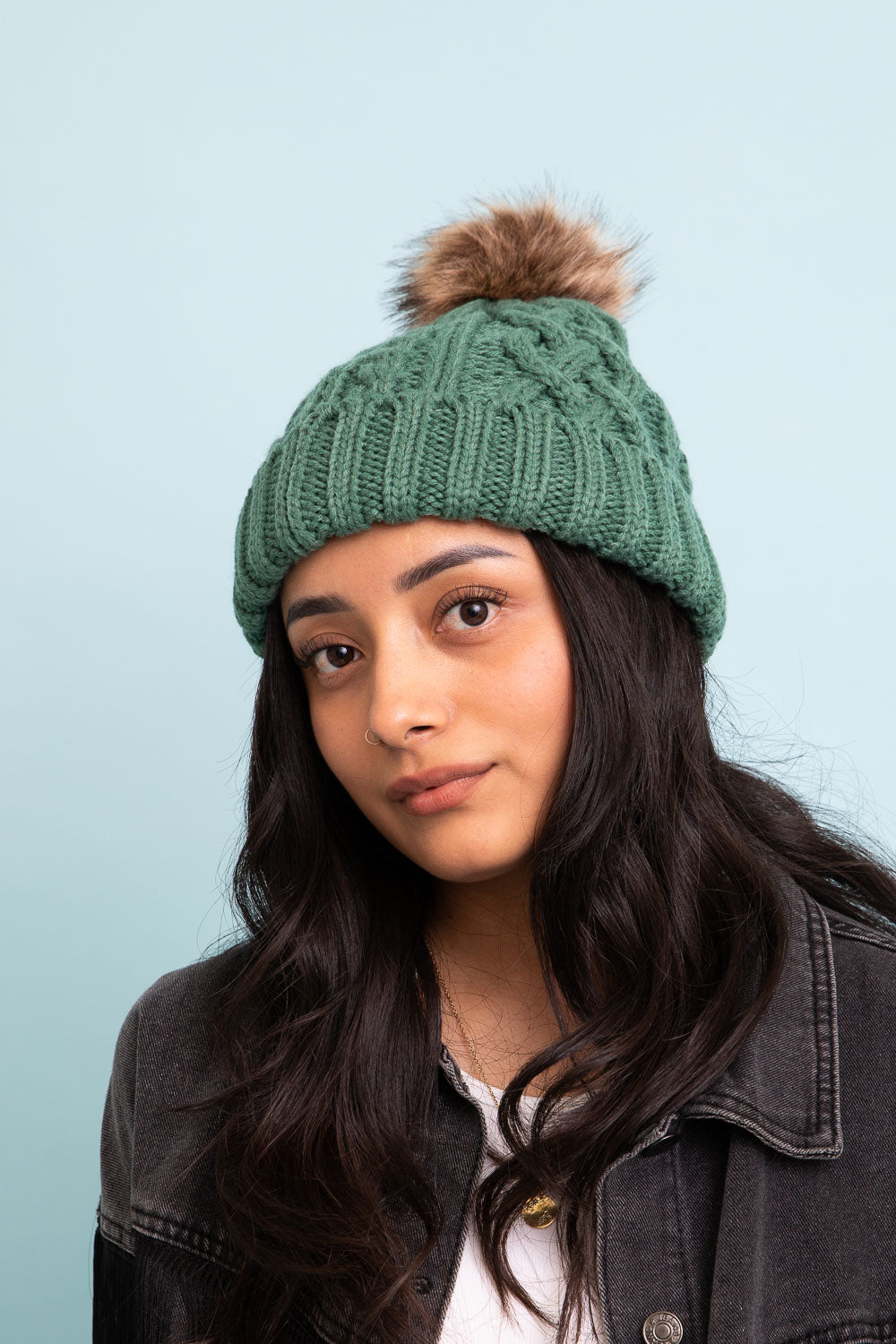 Cable Knit Beanie with Faux Fur Pom Beanies Leto Collection Pine  