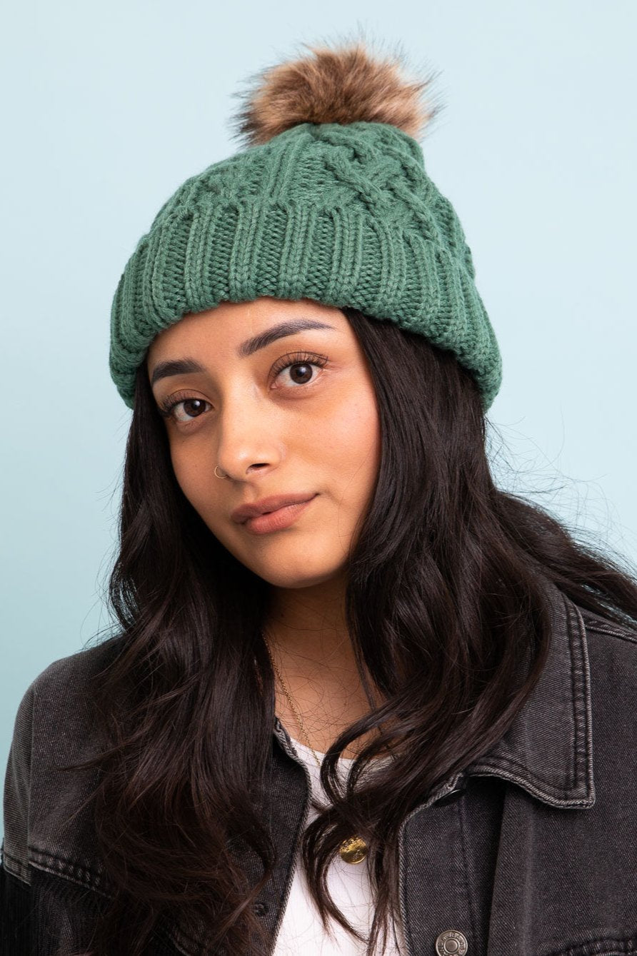 Cable Knit Beanie with Faux Fur Pom - NeoKira Unlimited