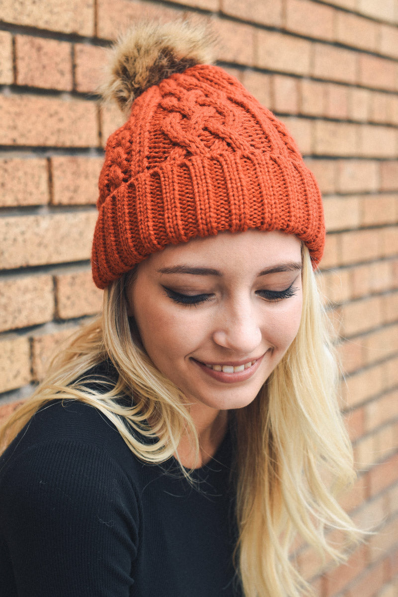 Cable Knit Beanie with Faux Fur Pom Beanies Leto Collection Rust  