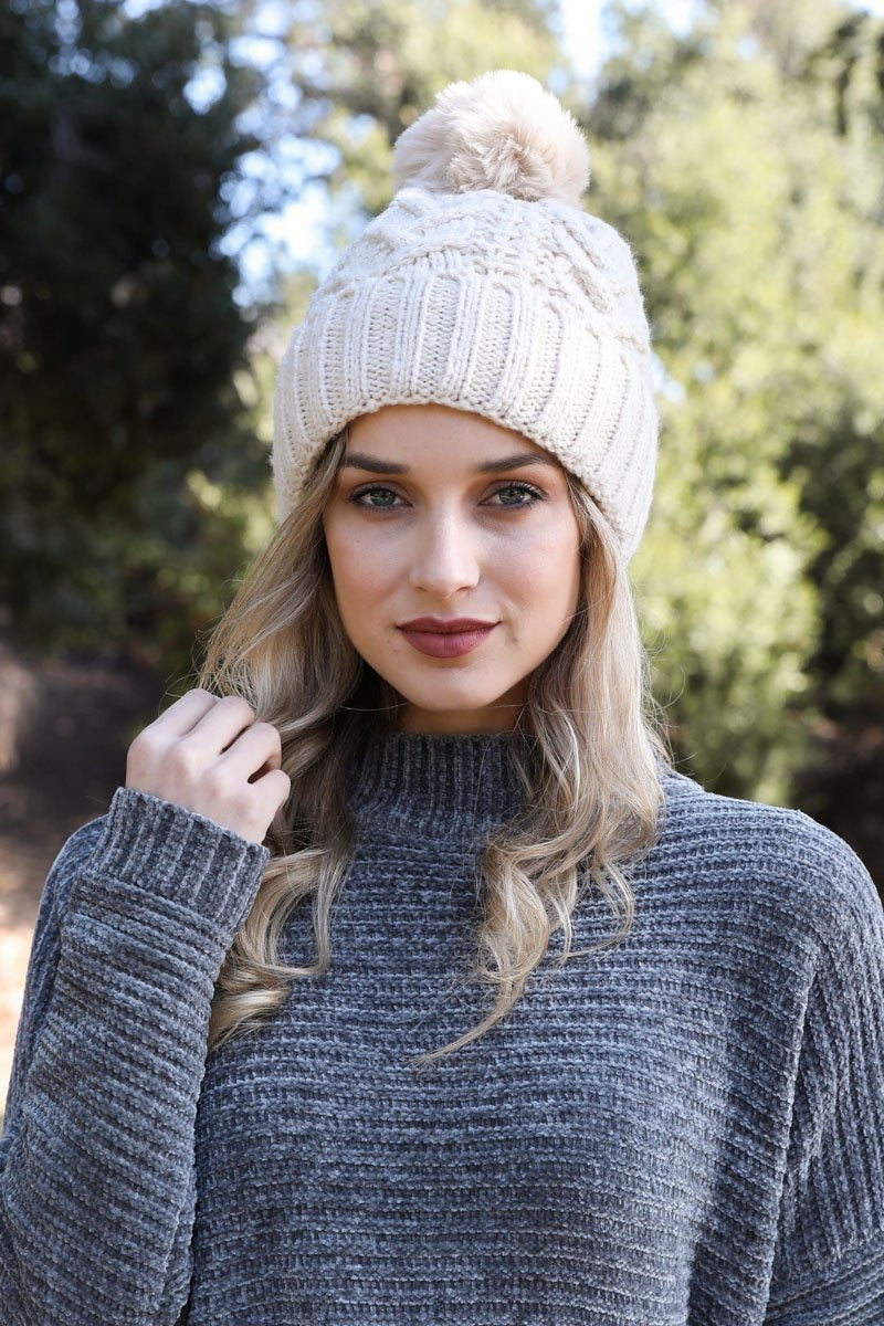 Cable Knit Pom Beanie Beanies Leto Collection Off White  