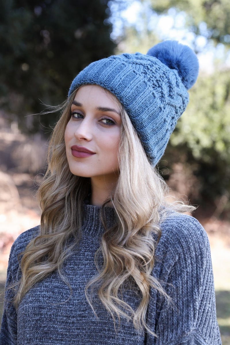 Cable Knit Pom Beanie Beanies Leto Collection Blue  