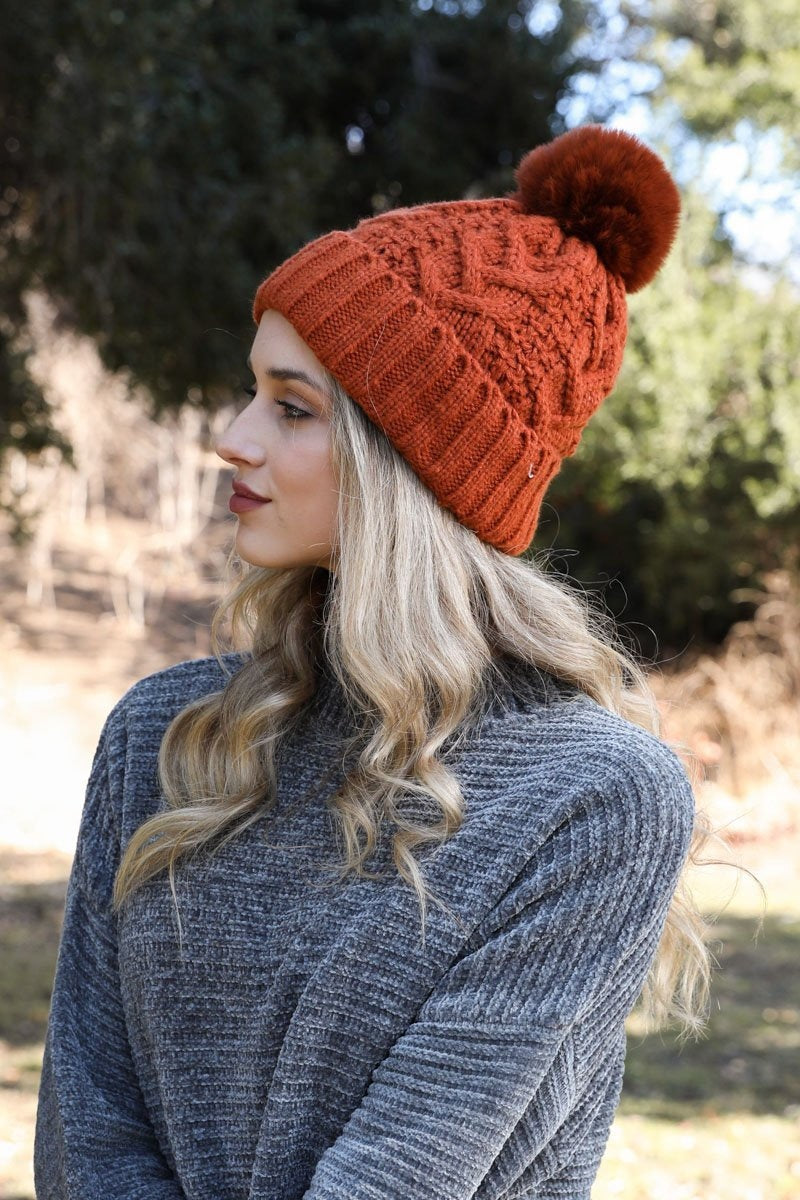 Cable Knit Pom Beanie Beanies Leto Collection Rust  