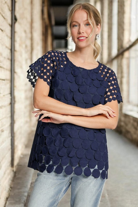 Umgee Full Size Mixed Polka Dot Lace Raglan Sleeve Boxy Cut Top Plus Size - NeoKira Unlimited