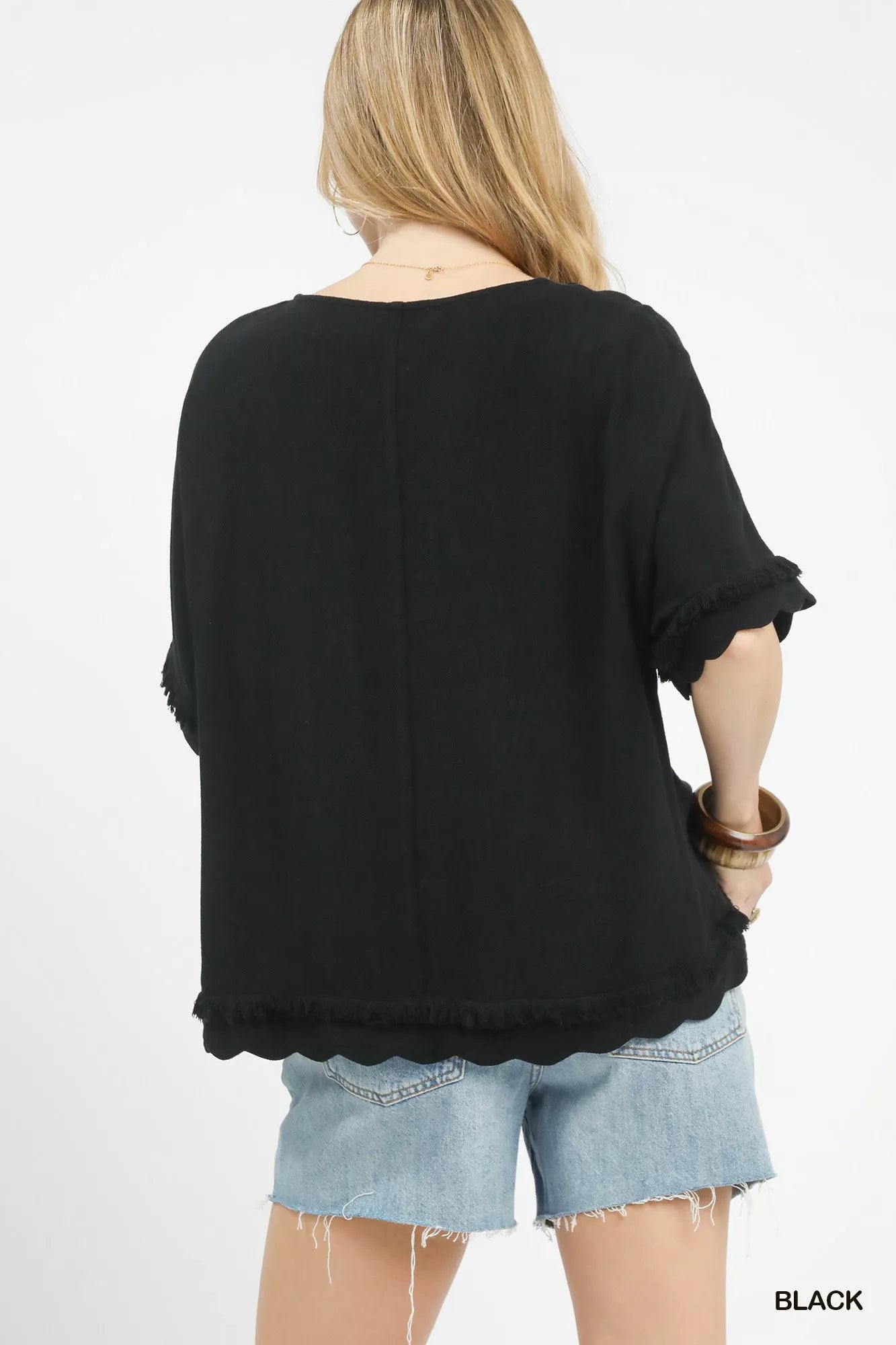 Umgee Linen Frayed Hem Scallop Edge Top Casual Chic - NeoKira Unlimited