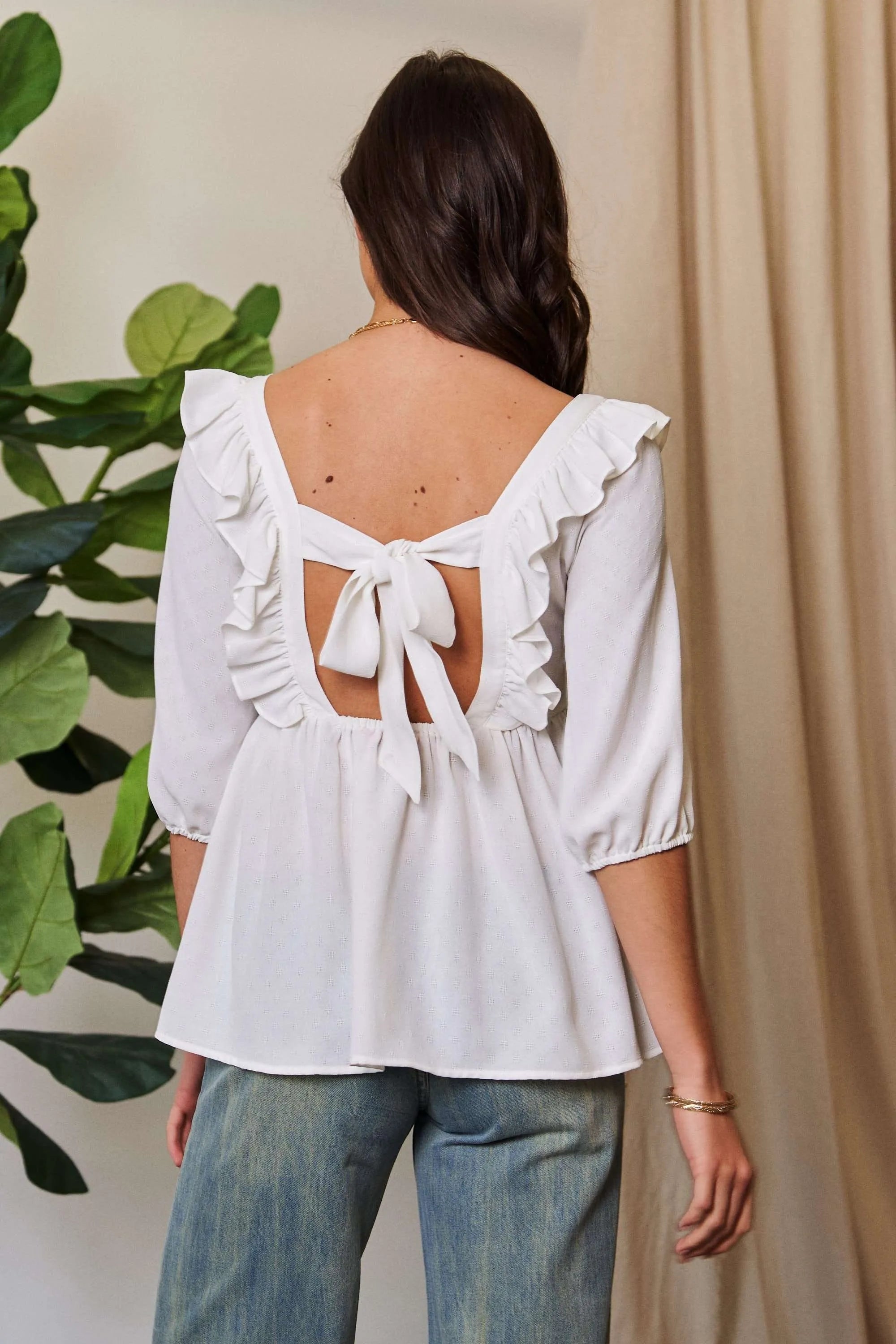 Davi & Dani Texture Tie Back Floral Embroidery Frill Romantic Blouse - NeoKira Unlimited