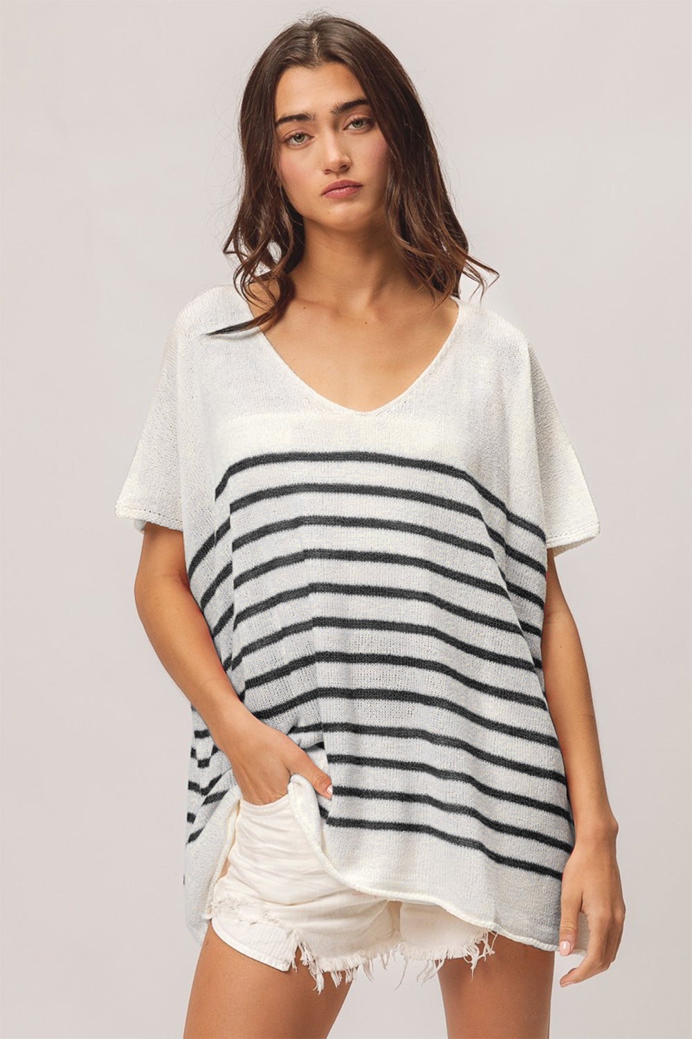 BiBi V Neck Striped Short Sleeve Top - NeoKira Unlimited