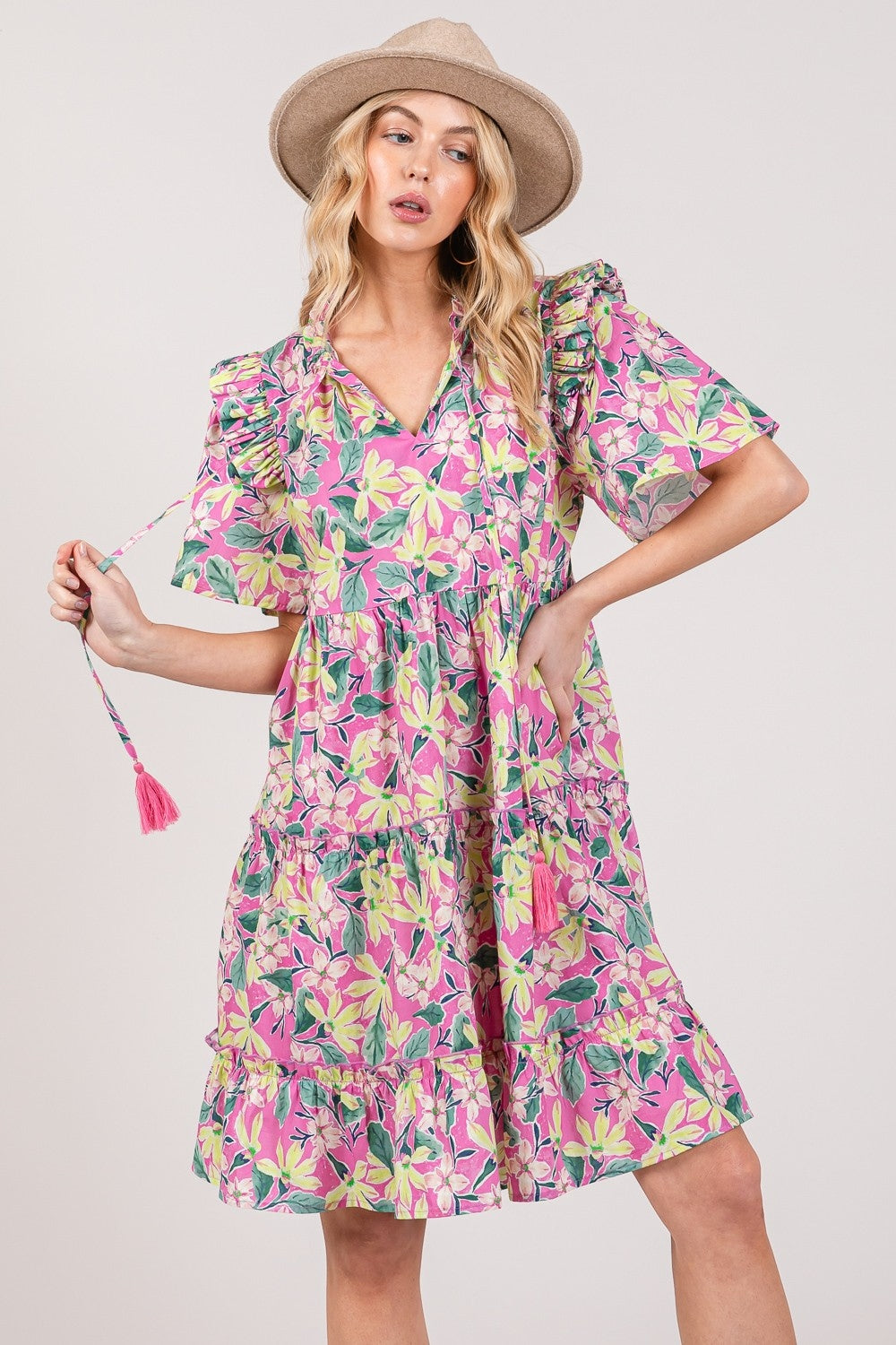 SAGE + FIG Floral Ruffle Short Sleeve Dress - NeoKira Unlimited