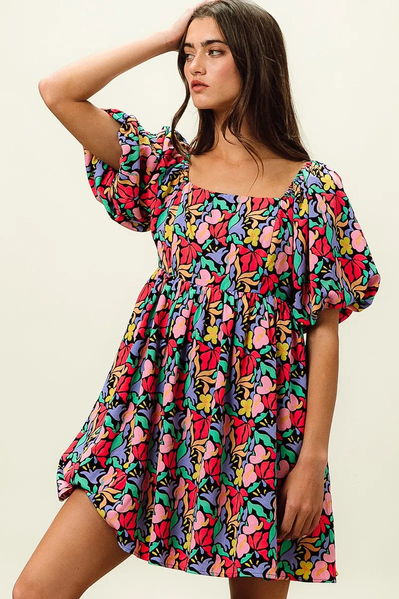 BiBi Tropical Boho Floral Print Puff Sleeve Square Neck Dress - NeoKira Unlimited