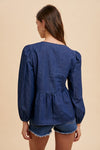 Annie Wear Tie Front Peplum Long Sleeve Denim Top - NeoKira Unlimited