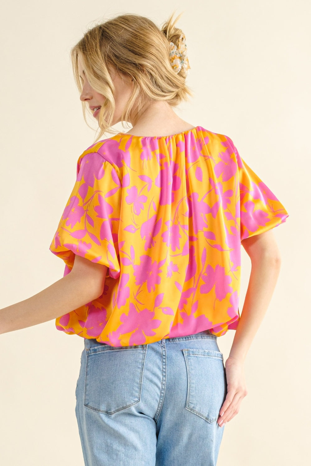And The Why Full Size Printed Satin Bubble Hem Top - NeoKira Unlimited