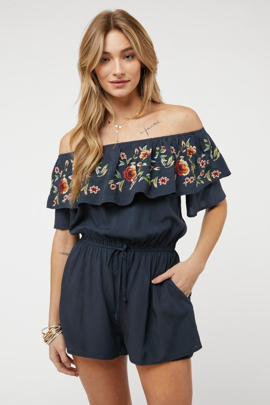 Floral Embroidered Off Shoulder Romper  Davi & Dani   