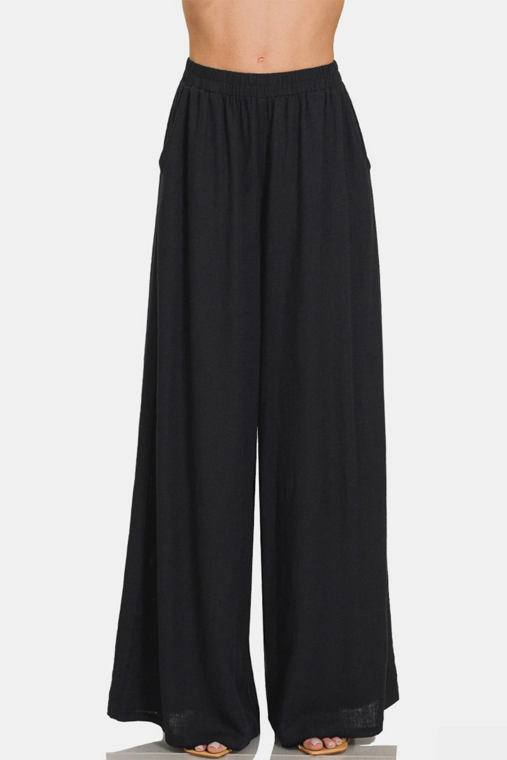 Zenana Pleated Linen Blend Wide Leg Pants Pants Trendsi   