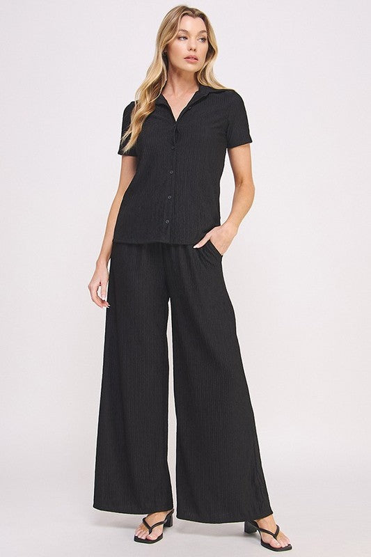 Jade By Jane Textured Short Sleeve Button Down Wide Legs Pants Set - NeoKira Unlimited