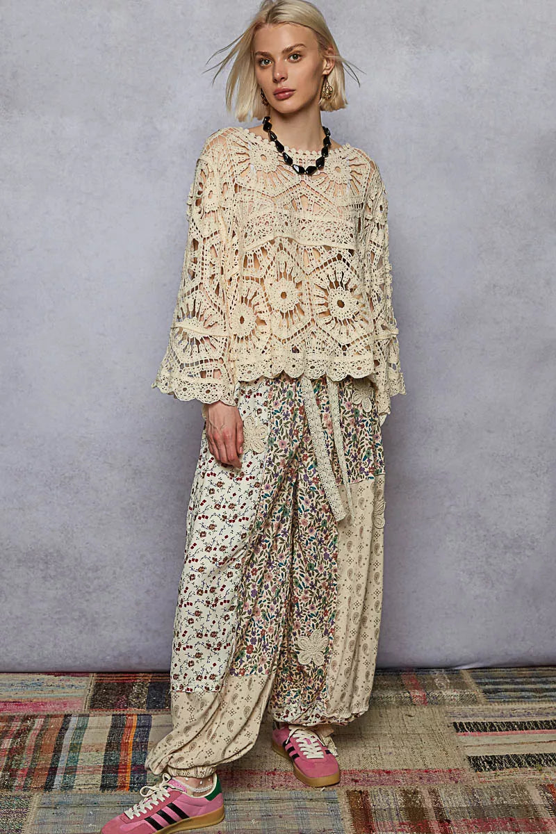 POL Round Neck Weave Knit Pattern Cropped Cover Up Boho Chic Style - NeoKira Unlimited