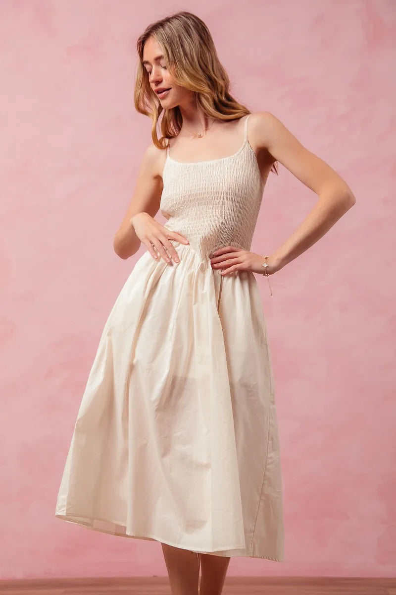 SO ME Smocked Casual Midi Dress With Slit And Spaghetti Straps - NeoKira Unlimited