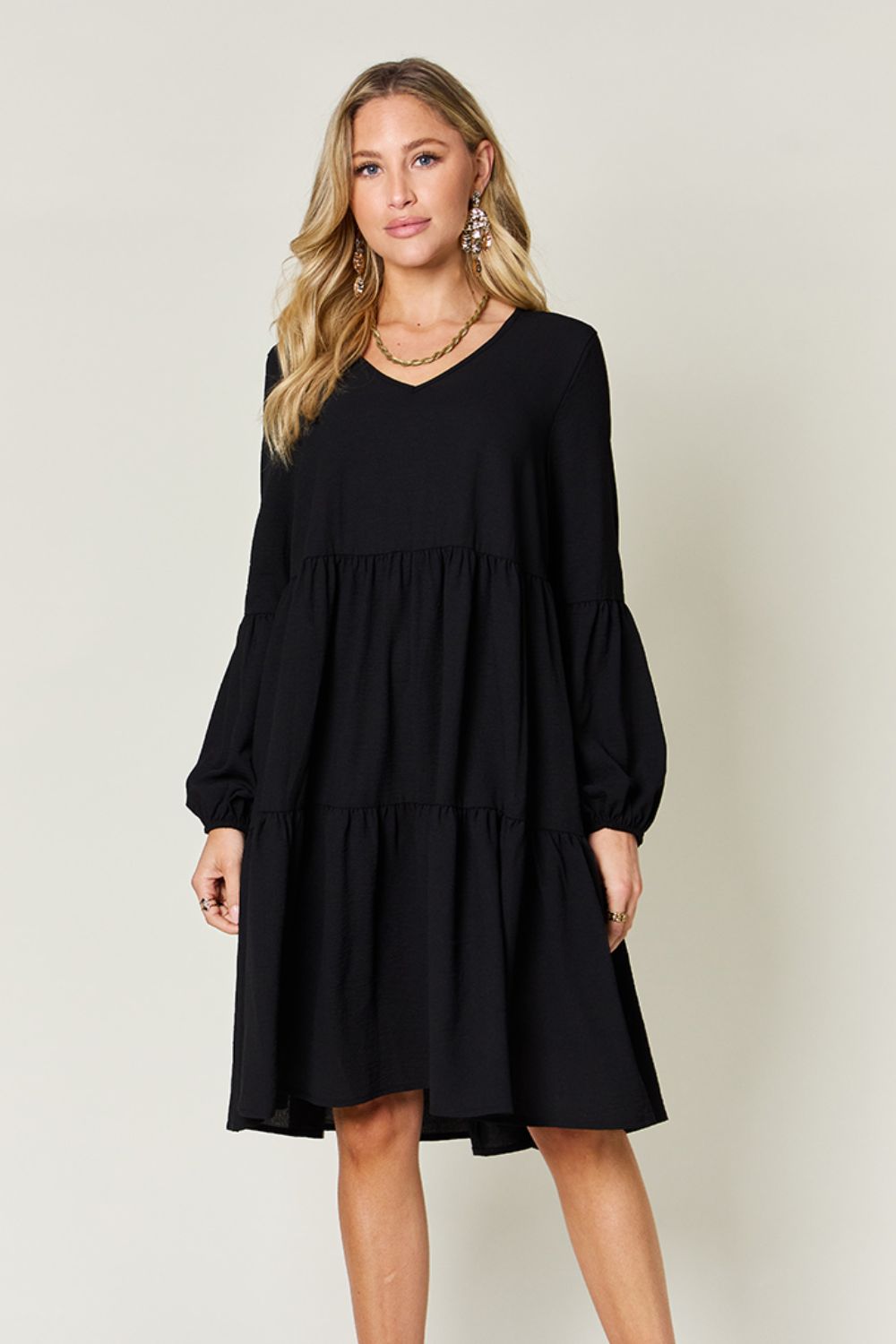 Double Take Full Size V-Neck Balloon Sleeve Tiered Dress Mini Dress Trendsi Black S 