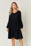 Double Take Full Size V-Neck Balloon Sleeve Tiered Dress Mini Dress Trendsi Black S 