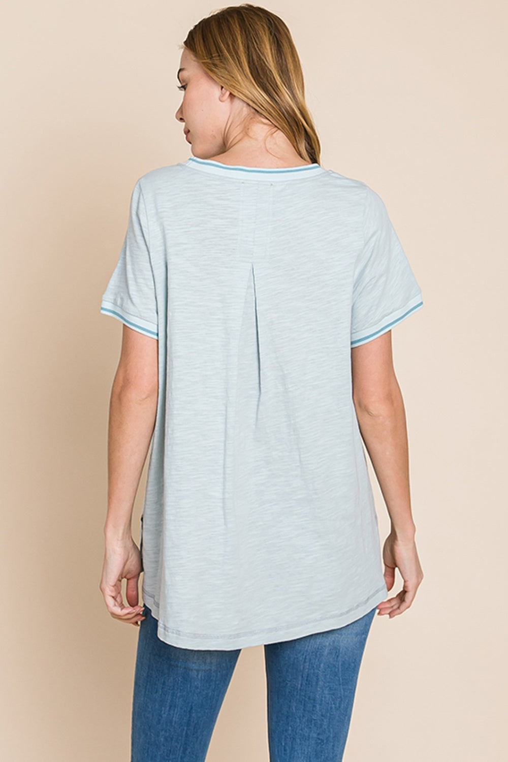 Cotton Bleu by Nu Lab Contrast Trim Short Sleeve Slit T-Shirt T-Shirt Trendsi   