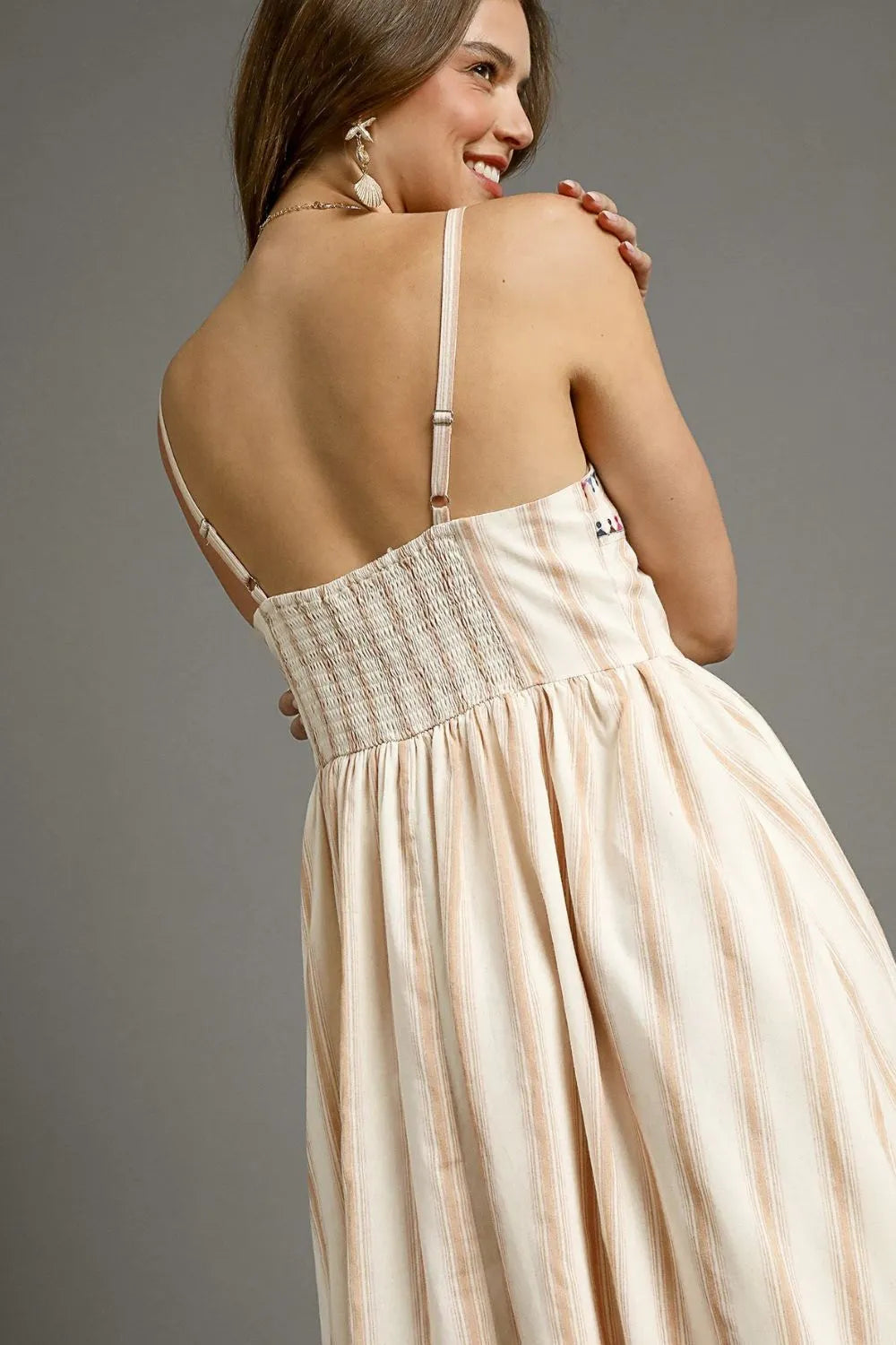 Umgee Striped Beige Midi Dress with Colorful Embroidered Trim Cami Style - NeoKira Unlimited