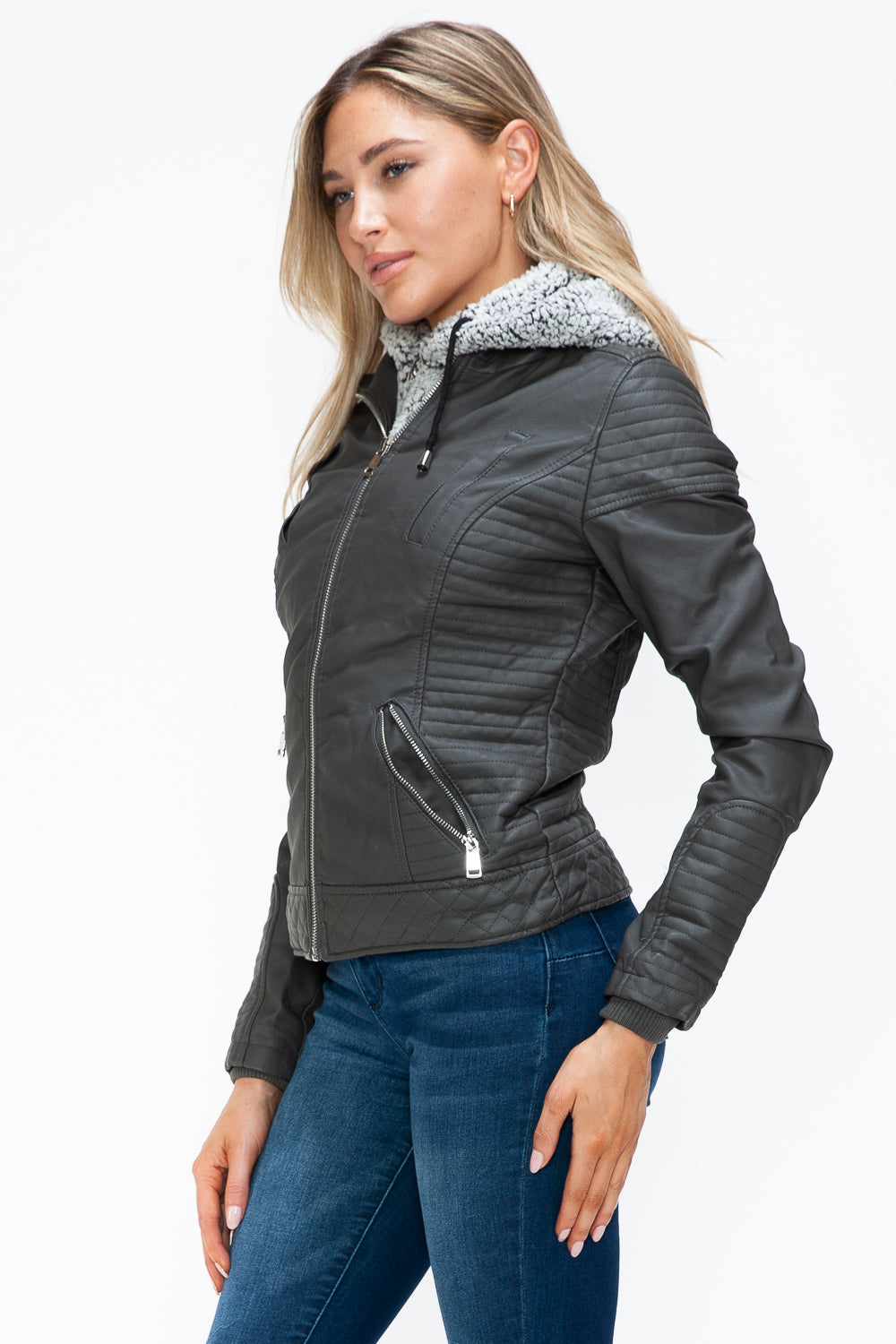YMI Faux Layered Double-Zipper Jacket with Fuzzy Hood - NeoKira Unlimited