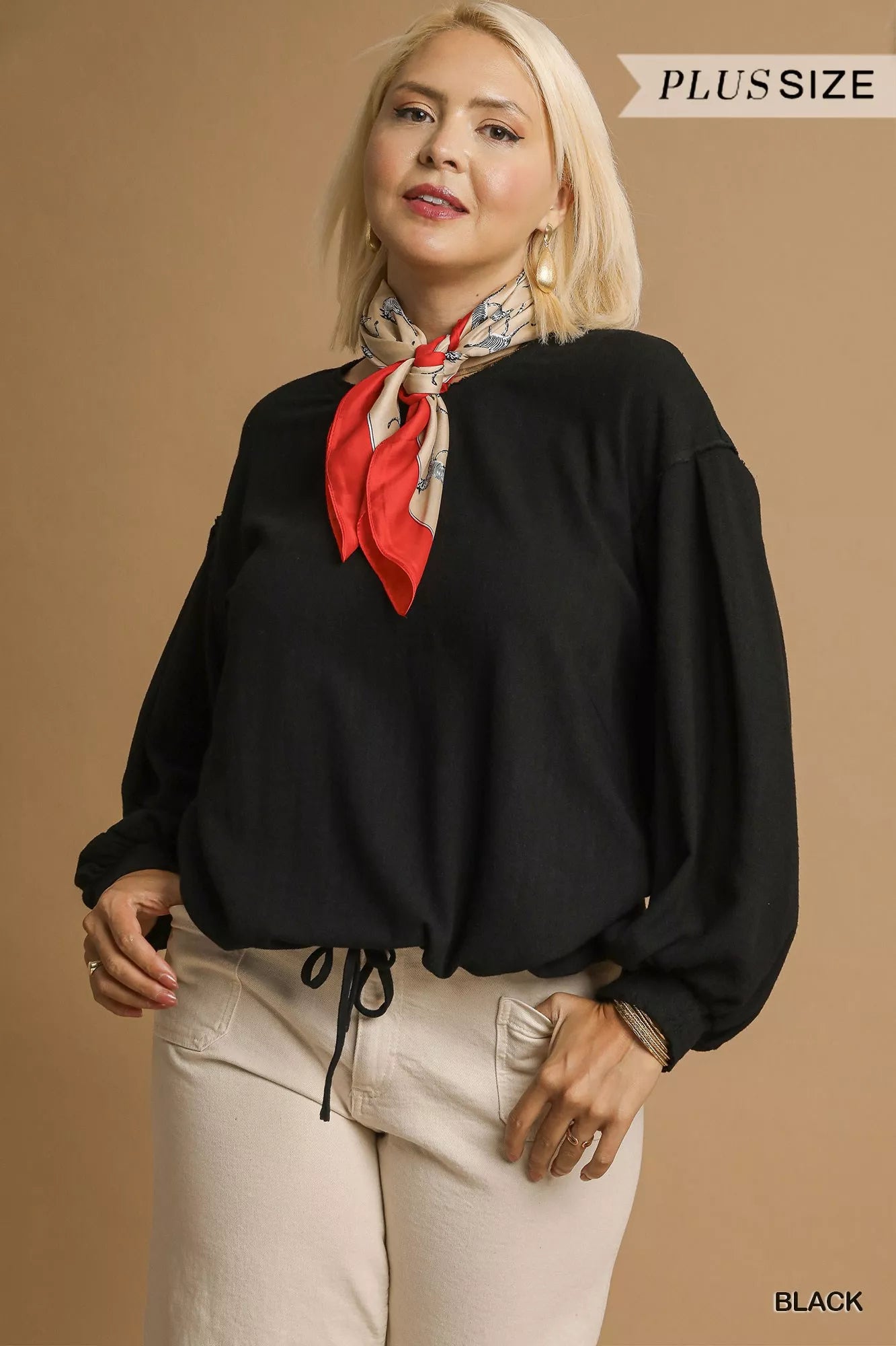 Umgee Linen Long Sleeve Drawstring Top Plus Size Blouse - NeoKira Unlimited