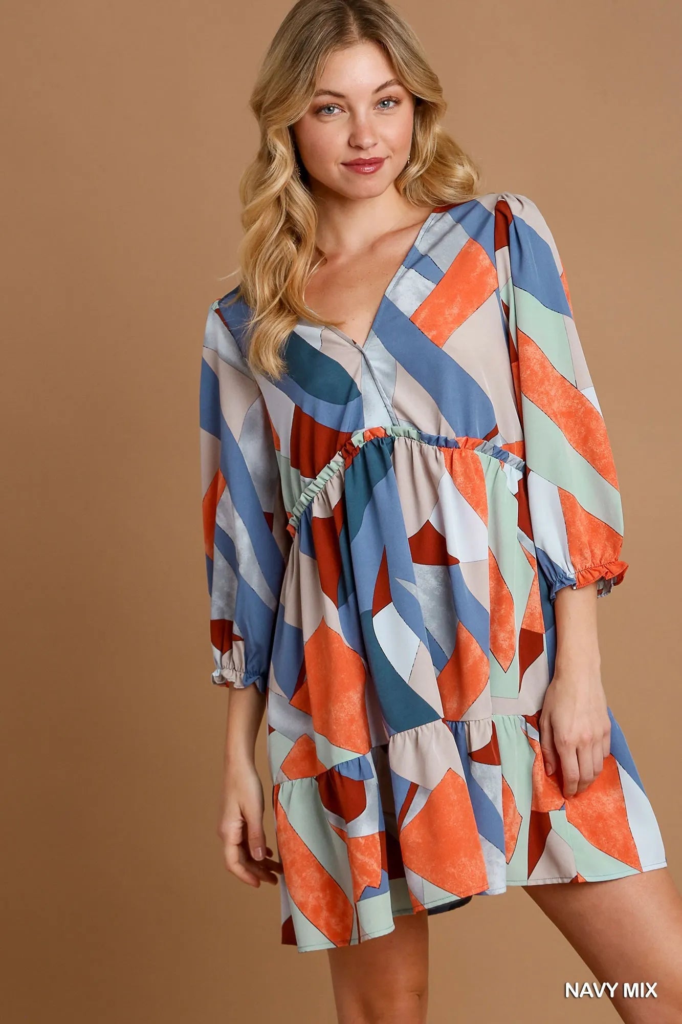 Umgee Abstract Geometric V-Neck Tiered Printed Dress - NeoKira Unlimited