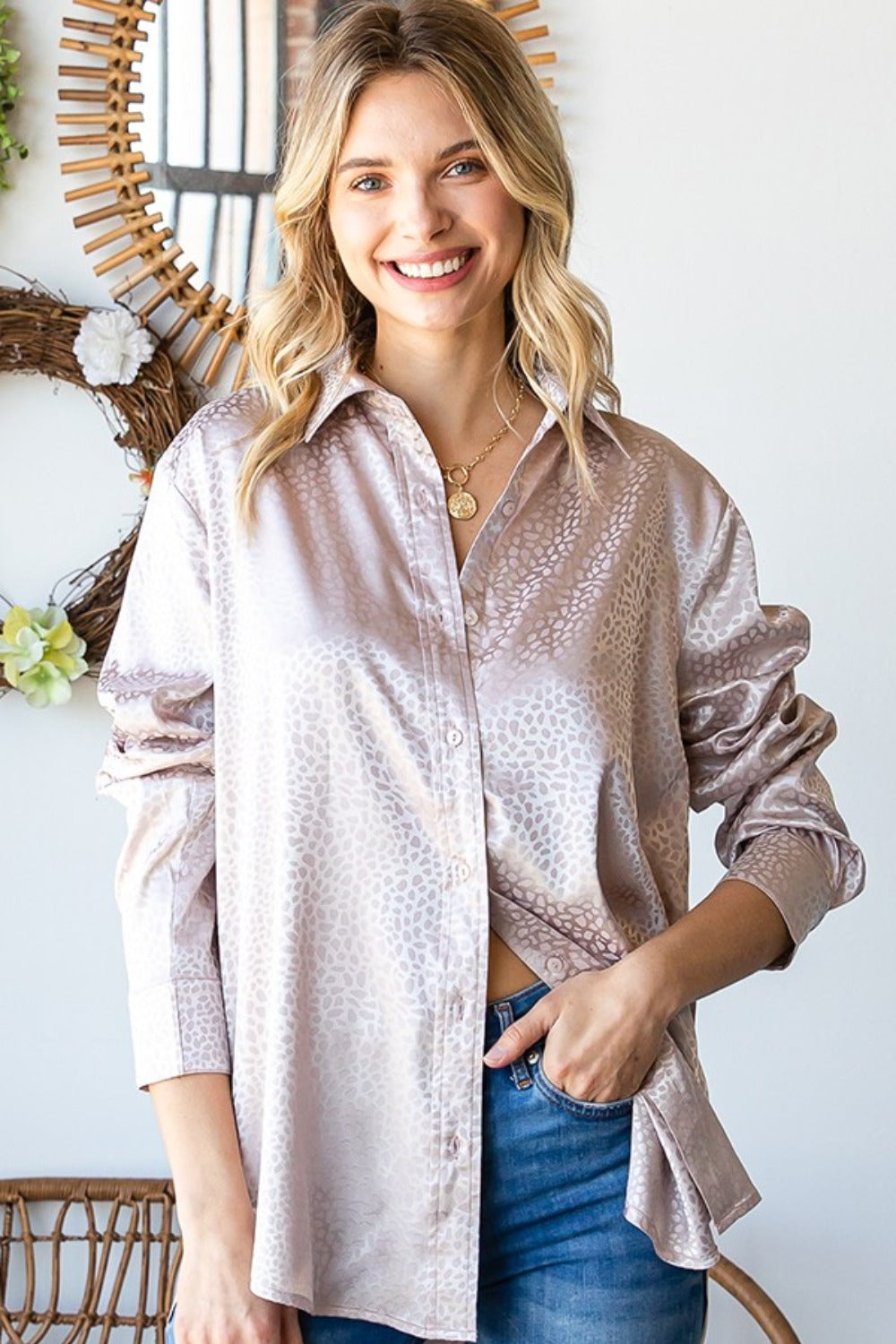 First Love Full Size Ditsy Dot Button Down Collared Satin Shirt - NeoKira Unlimited