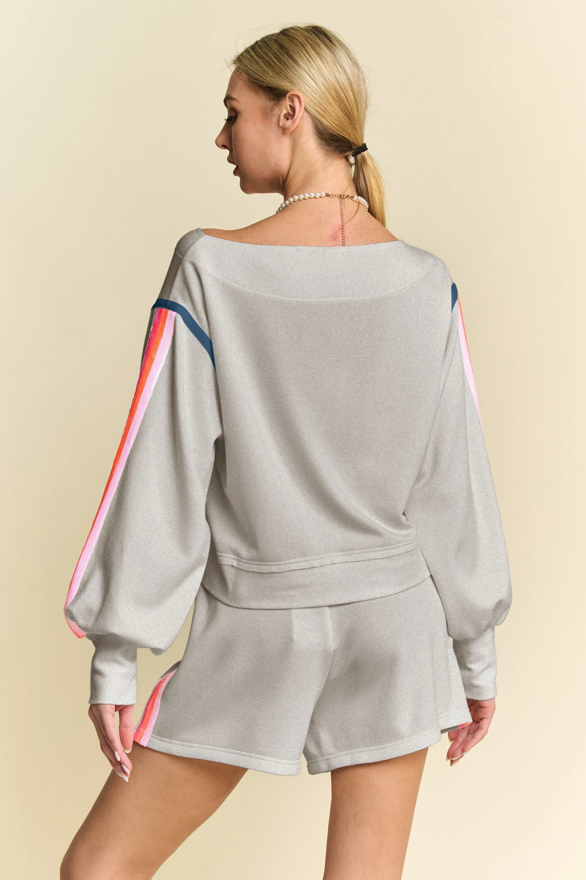 Davi & Dani Sequin Stripe Long Sleeve Top And Short Pants Set - NeoKira Unlimited