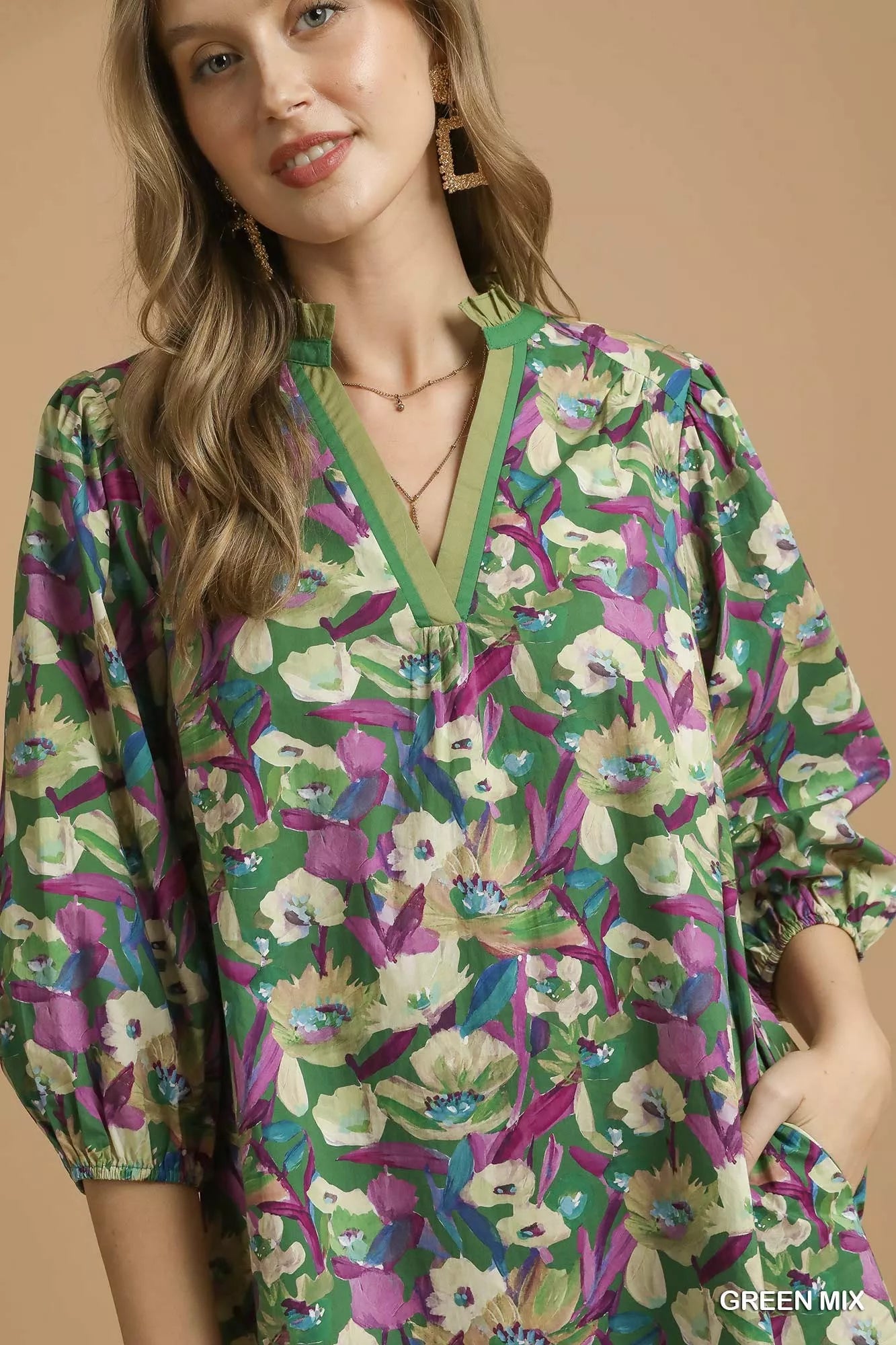 Umgee Boho Floral Balloon Sleeve Mini Dress Casual Shirt Style - NeoKira Unlimited