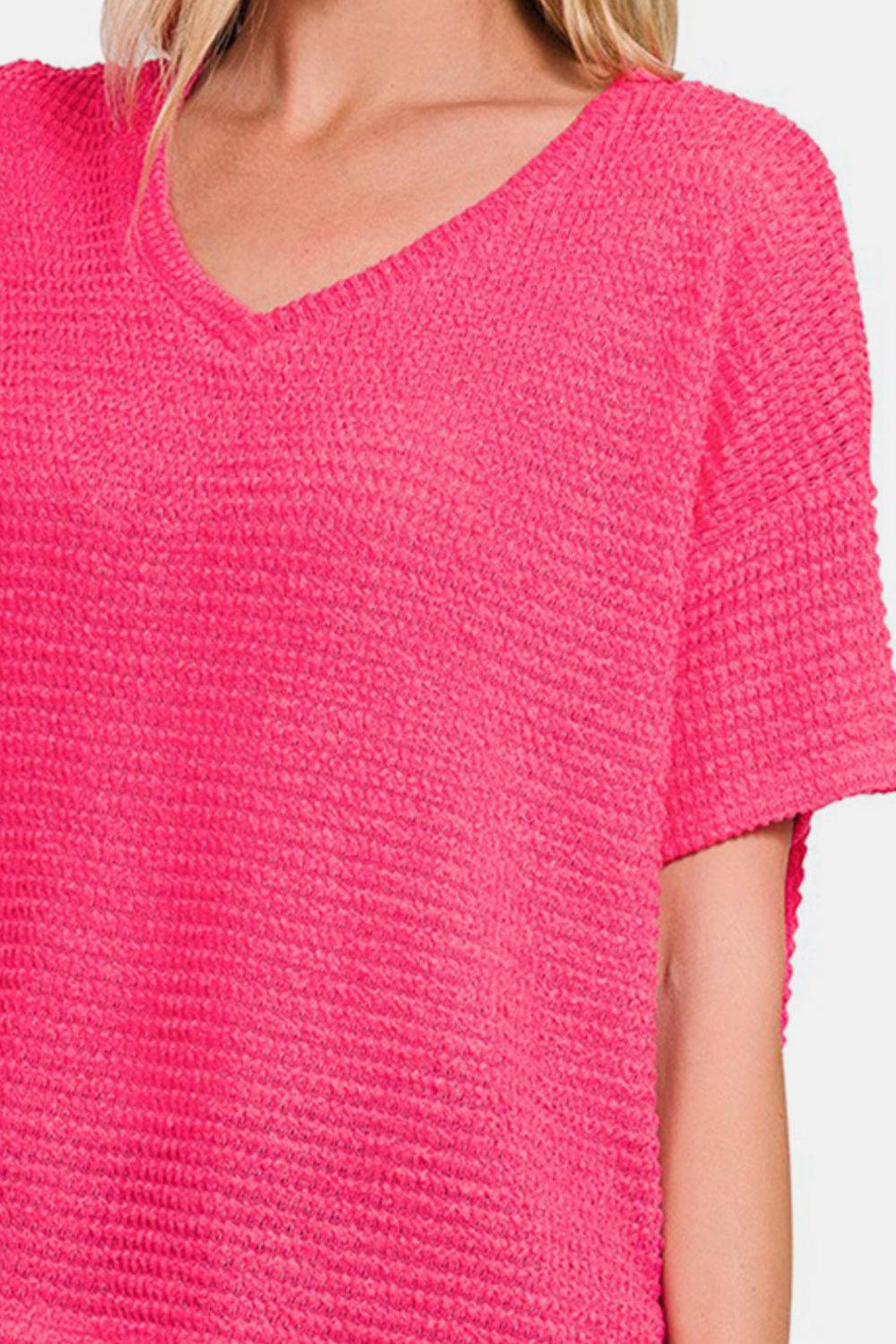 Zenana Drop Shoulder Short Sleeve Jacquard Knit Top Top Trendsi   