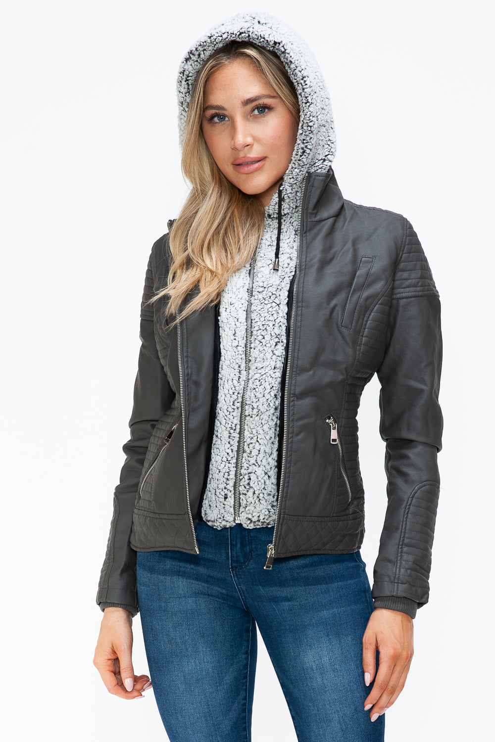 YMI Faux Layered Double-Zipper Jacket with Fuzzy Hood - NeoKira Unlimited