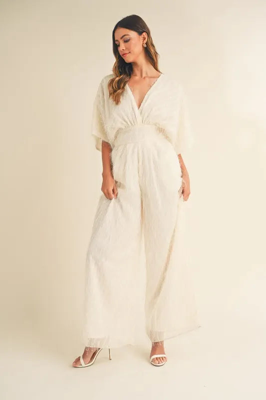 MABLE Fluffy Deep V Neck Wide Leg Jumpsuit - NeoKira Unlimited