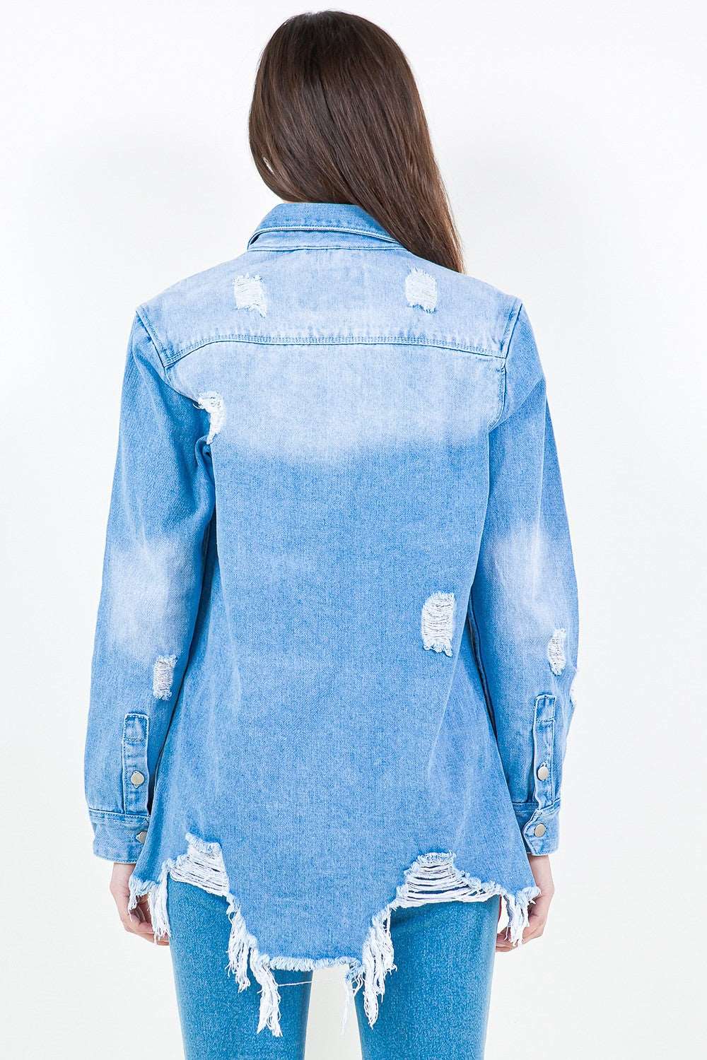 American Bazi Frayed Hem Distressed Denim Shirt Jacket - NeoKira Unlimited