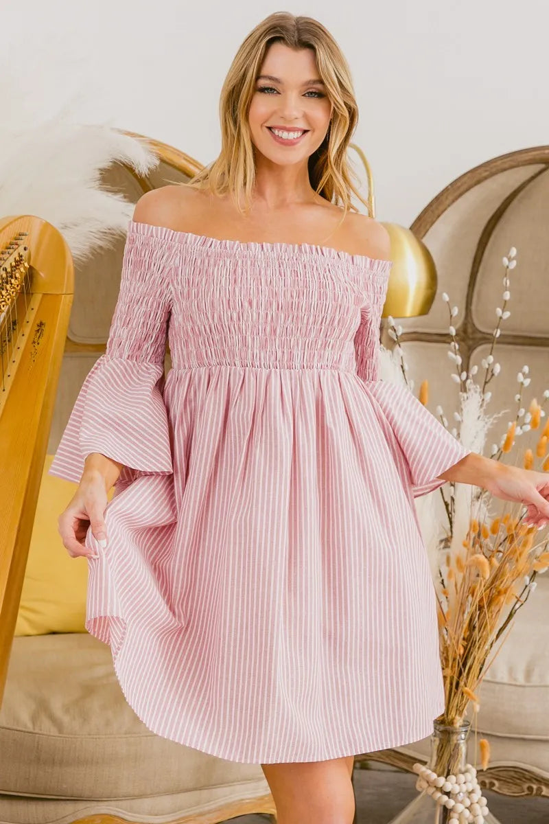 BiBi Smocked Off Shoulder Striped Dress - NeoKira Unlimited