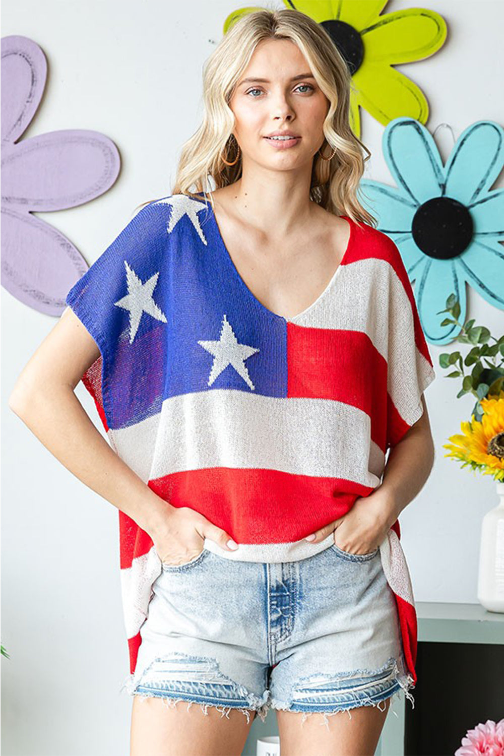 First Love Full Size USA Flag Drop Shoulder Knit Top Top Trendsi   