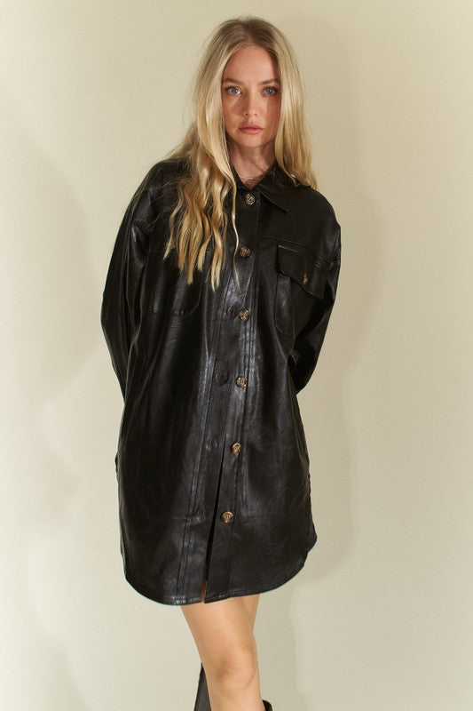 Davi & Dani Faux Leather Button Up Jacket with Chest Pockets - NeoKira Unlimited