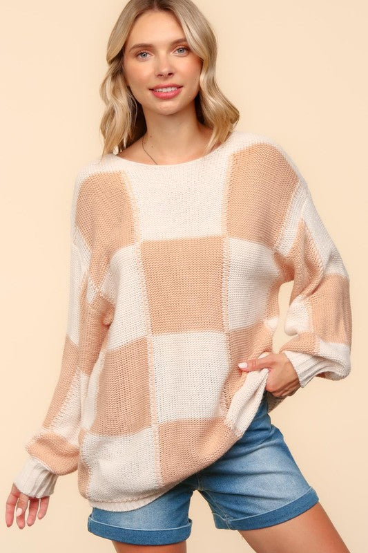 Haptics Full Size Checkered Round Neck Drop Shoulder Sweater - NeoKira Unlimited