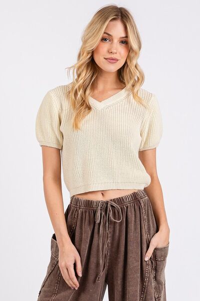 Mittoshop V-Neck Short Sleeve Crop Sweater - NeoKira Unlimited