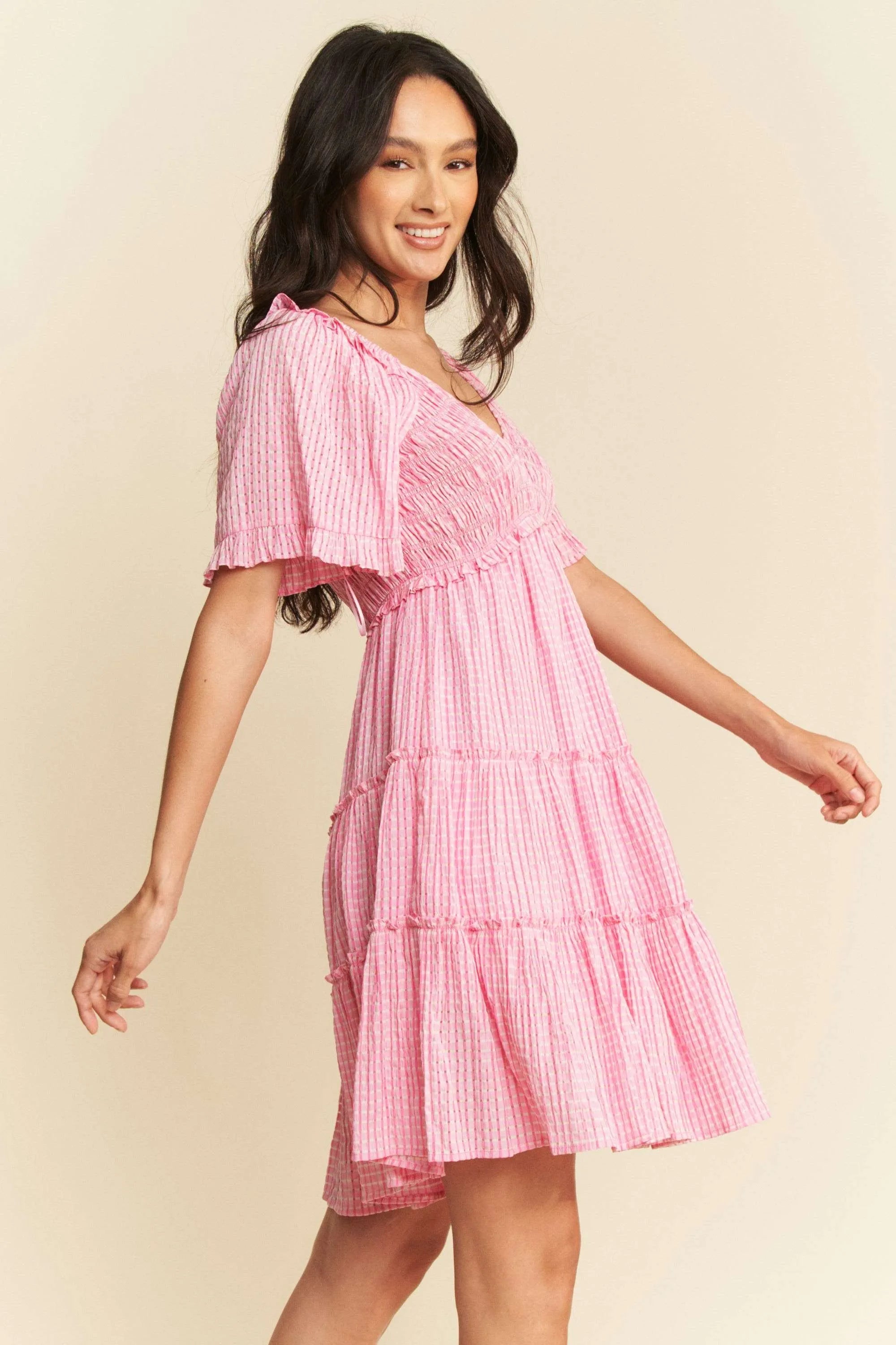 Davi & Dani Romantic Cottagecore Checker Jacquard Smocked Tiered Midi Dress - NeoKira Unlimited