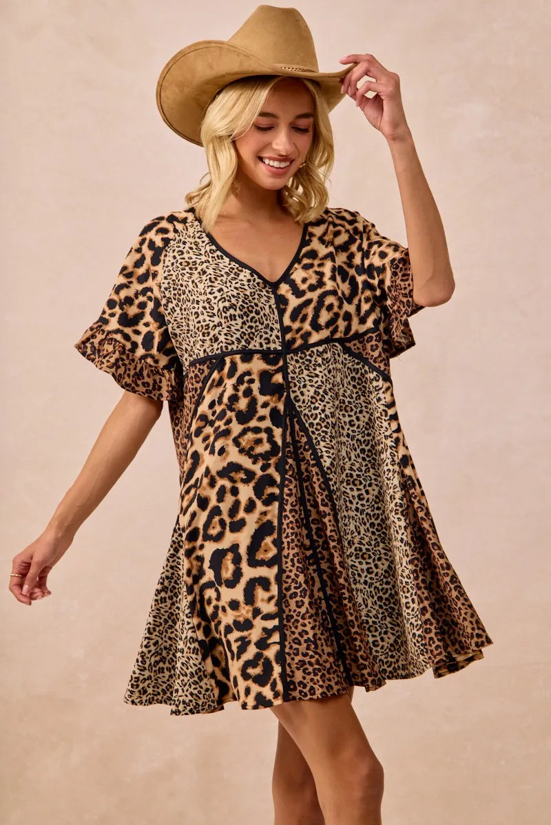 BiBi Leopard Print Mini Dress – V-Neck Flutter Sleeve Belted Fit - NeoKira Unlimited