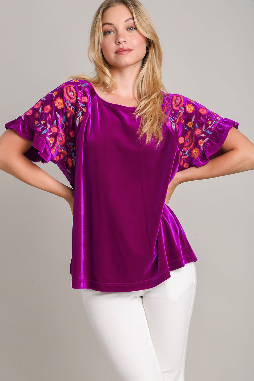 Umgee Full Size Velvet Embroidery Short Sleeve Blouse - NeoKira Unlimited