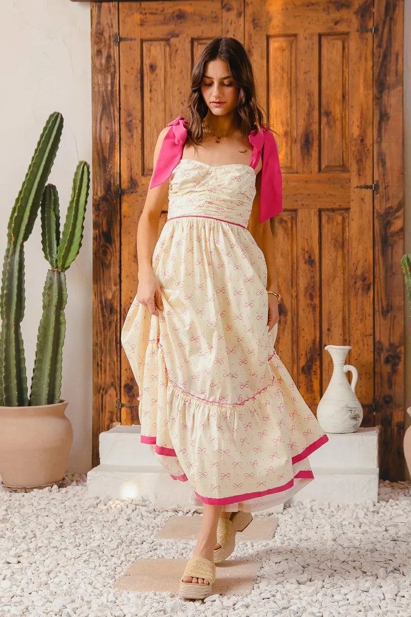 SO ME Ribbon Flowy Maxi Dress with Contrast Trim Boho Style - NeoKira Unlimited