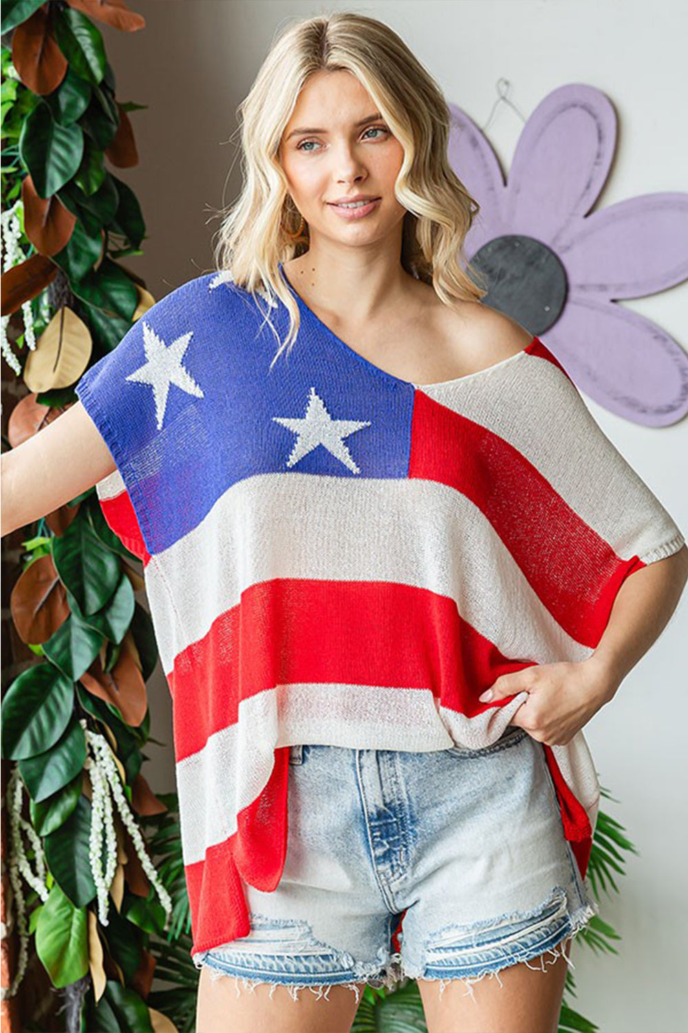 First Love Full Size USA Flag Drop Shoulder Knit Top - NeoKira Unlimited